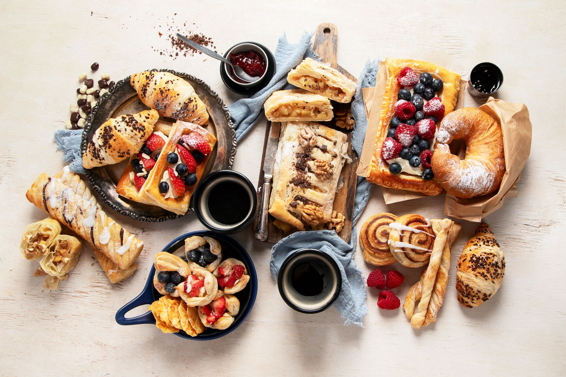 Freshly baked pastry. Delicious dessert table.
